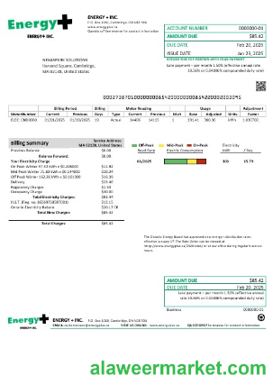 USA Massachusetts Energy Plus electricity business utility bill template in Word and PDF formats